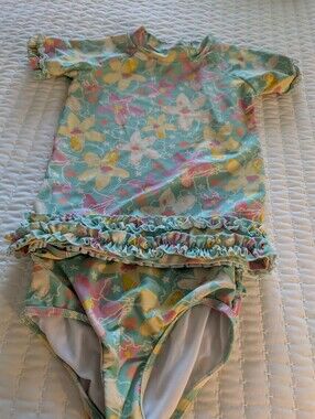Ruffle Butts Aqua Multi Floral Ruffle Two-Piece Swimsuit And Rash guard